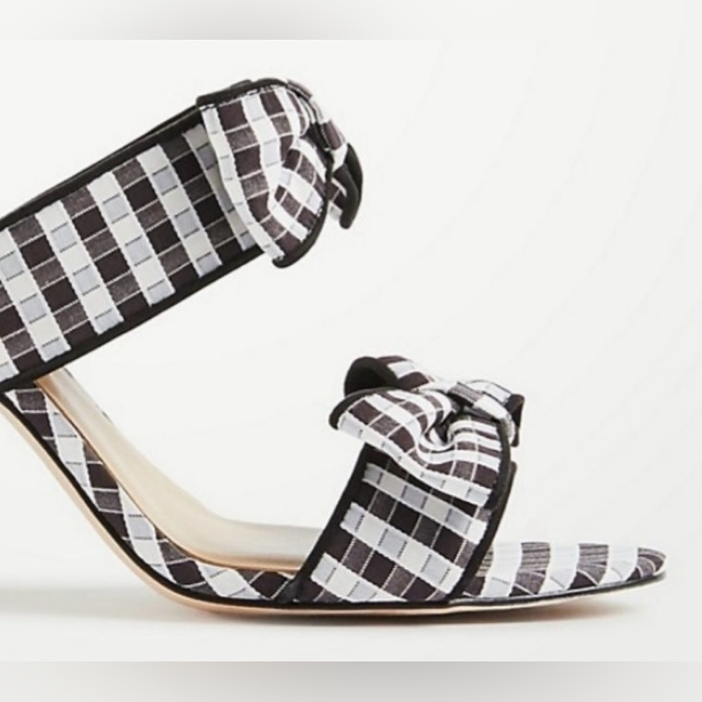 ANN TAYLOR Black & White JANIE Gingham Bow Slip On 3" Stack Heel Sandals Size 7 - Picture 2 of 8